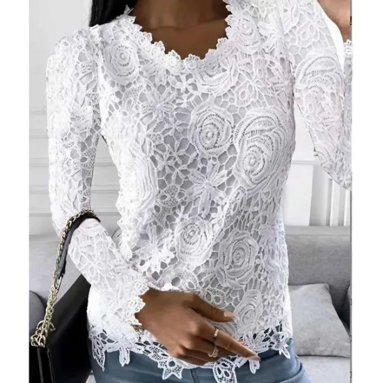 Outlet Women's Shirt Blouse White Eyelet Tops Black White Pink Plain Lace Long Sleeve Work Streetwear Casual Round Neck Regular Floral S Women Lace Tops