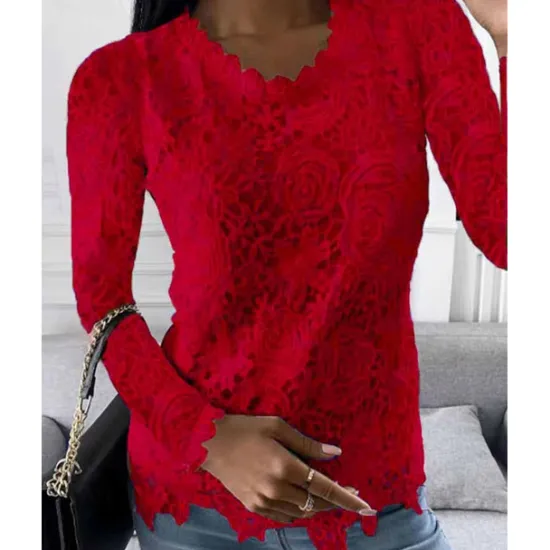 Outlet Women's Shirt Blouse White Eyelet Tops Black White Pink Plain Lace Long Sleeve Work Streetwear Casual Round Neck Regular Floral S Women Lace Tops