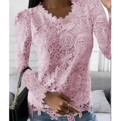 Outlet Women's Shirt Blouse White Eyelet Tops Black White Pink Plain Lace Long Sleeve Work Streetwear Casual Round Neck Regular Floral S Women Lace Tops