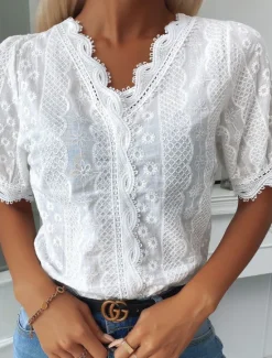 New Women's Shirt Blouse Plain Lace Short Sleeve Daily Weekend Streetwear Casual V Neck Regular S Women Lace Tops