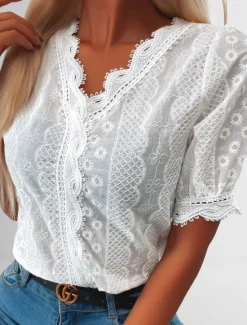 New Women's Shirt Blouse Plain Lace Short Sleeve Daily Weekend Streetwear Casual V Neck Regular S Women Lace Tops