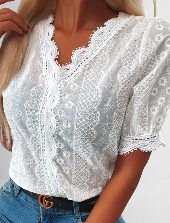 New Women's Shirt Blouse Plain Lace Short Sleeve Daily Weekend Streetwear Casual V Neck Regular S Women Lace Tops