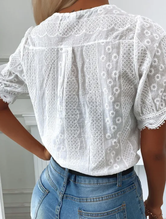 New Women's Shirt Blouse Plain Lace Short Sleeve Daily Weekend Streetwear Casual V Neck Regular S Women Lace Tops