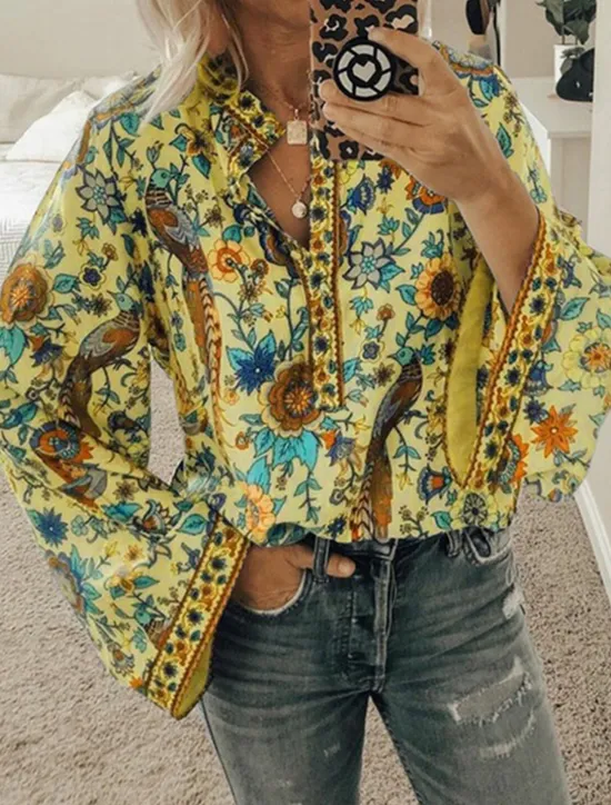 Sale Women's Shirt Blouse Yellow Pink Dusty Rose Graphic Floral Button Print Long Sleeve Daily Holiday Vintage Boho Streetwear Round Neck Regular Boho S Women Boho Tops