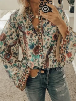 Sale Women's Shirt Blouse Yellow Pink Dusty Rose Graphic Floral Button Print Long Sleeve Daily Holiday Vintage Boho Streetwear Round Neck Regular Boho S Women Boho Tops