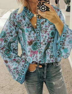 Sale Women's Shirt Blouse Yellow Pink Dusty Rose Graphic Floral Button Print Long Sleeve Daily Holiday Vintage Boho Streetwear Round Neck Regular Boho S Women Boho Tops