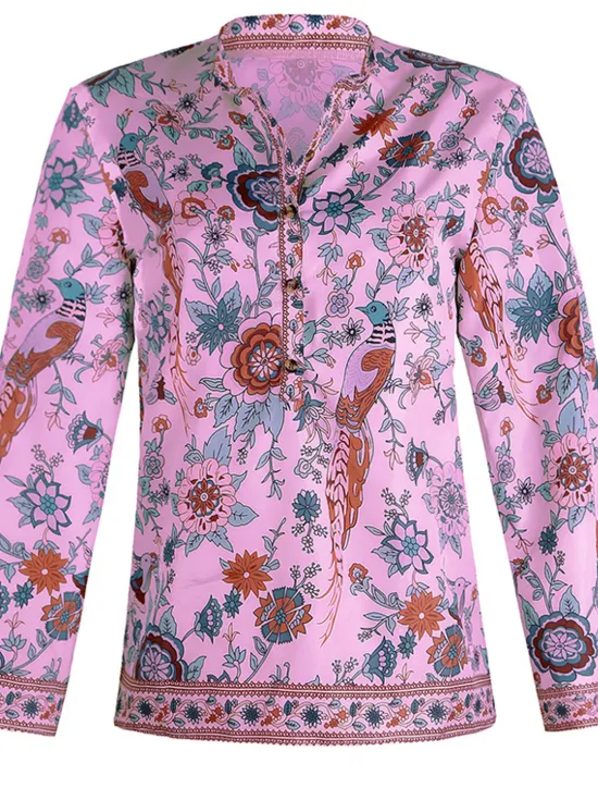 Sale Women's Shirt Blouse Yellow Pink Dusty Rose Graphic Floral Button Print Long Sleeve Daily Holiday Vintage Boho Streetwear Round Neck Regular Boho S Women Boho Tops