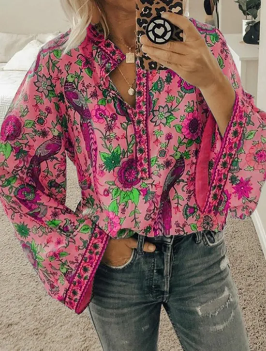 Sale Women's Shirt Blouse Yellow Pink Dusty Rose Graphic Floral Button Print Long Sleeve Daily Holiday Vintage Boho Streetwear Round Neck Regular Boho S Women Boho Tops