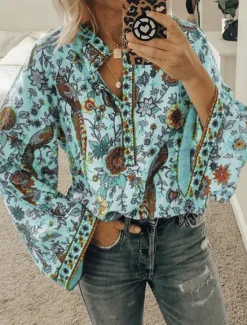 Sale Women's Shirt Blouse Yellow Pink Dusty Rose Graphic Floral Button Print Long Sleeve Daily Holiday Vintage Boho Streetwear Round Neck Regular Boho S Women Boho Tops