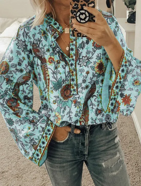 Sale Women's Shirt Blouse Yellow Pink Dusty Rose Graphic Floral Button Print Long Sleeve Daily Holiday Vintage Boho Streetwear Round Neck Regular Boho S Women Boho Tops