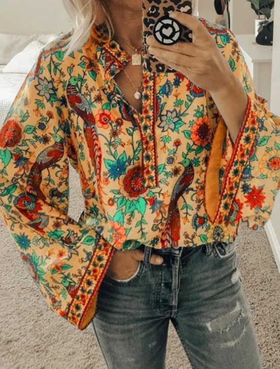 Sale Women's Shirt Blouse Yellow Pink Dusty Rose Graphic Floral Button Print Long Sleeve Daily Holiday Vintage Boho Streetwear Round Neck Regular Boho S Women Boho Tops