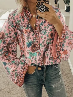 Sale Women's Shirt Blouse Yellow Pink Dusty Rose Graphic Floral Button Print Long Sleeve Daily Holiday Vintage Boho Streetwear Round Neck Regular Boho S Women Boho Tops