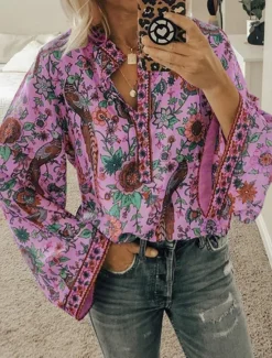Sale Women's Shirt Blouse Yellow Pink Dusty Rose Graphic Floral Button Print Long Sleeve Daily Holiday Vintage Boho Streetwear Round Neck Regular Boho S Women Boho Tops