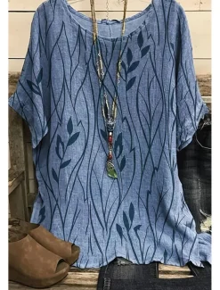 New Women's Shirt Boho Shirt Blouse Fashion Print Short Sleeve Regular Tops Round Neck Casual Holiday Yellow Pink Blue Green Summer Women Boho Tops