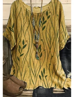 New Women's Shirt Boho Shirt Blouse Fashion Print Short Sleeve Regular Tops Round Neck Casual Holiday Yellow Pink Blue Green Summer Women Boho Tops