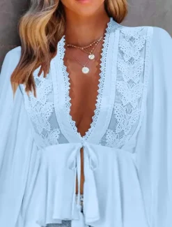 Women's Shirt Boho Shirt Blouse Plain Fashion V Neck Street Daily Lace White Sky Blue Summer Women Lace Tops