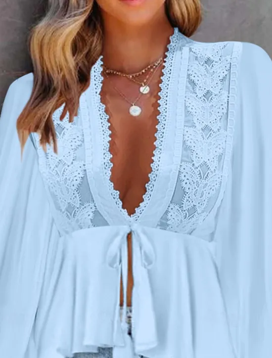 Women's Shirt Boho Shirt Blouse Plain Fashion V Neck Street Daily Lace White Sky Blue Summer Women Lace Tops