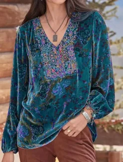 Best Women's Shirt Boho Shirt Blouse Velvet Basic Floral Print Long Sleeve Regular Tops V Neck Party New Year Yellow Red Purple Gray Spring Fall Women Boho Tops