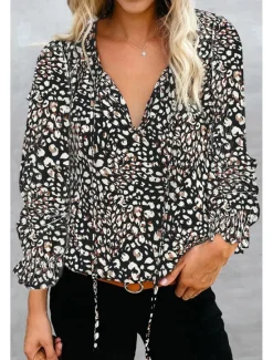 Outlet Women's Shirt Boho Shirt Blouse Fashion Floral Geometric Lace up Print Long Sleeve Regular Tops V Neck Casual Holiday Black White Pink Wine Red Spring & Fall Women Boho Tops