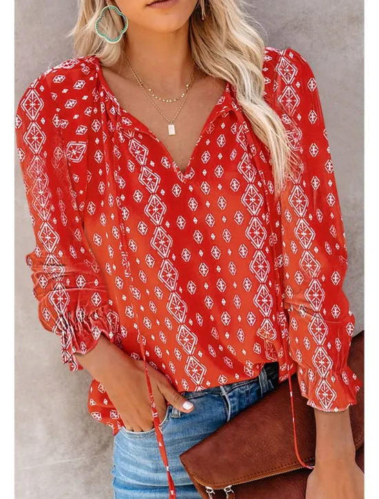 Outlet Women's Shirt Boho Shirt Blouse Fashion Floral Geometric Lace up Print Long Sleeve Regular Tops V Neck Casual Holiday Black White Pink Wine Red Spring & Fall Women Boho Tops