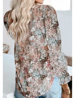 Outlet Women's Shirt Boho Shirt Blouse Fashion Floral Geometric Lace up Print Long Sleeve Regular Tops V Neck Casual Holiday Black White Pink Wine Red Spring & Fall Women Boho Tops