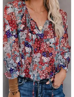 Outlet Women's Shirt Boho Shirt Blouse Fashion Floral Geometric Lace up Print Long Sleeve Regular Tops V Neck Casual Holiday Black White Pink Wine Red Spring & Fall Women Boho Tops