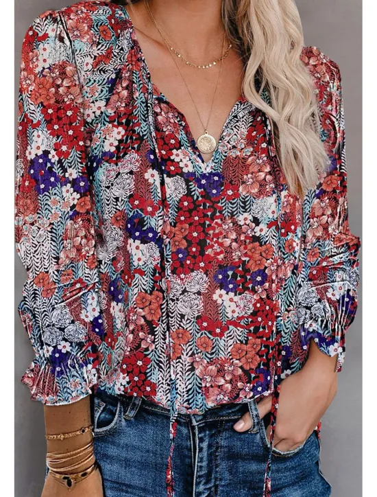 Outlet Women's Shirt Boho Shirt Blouse Fashion Floral Geometric Lace up Print Long Sleeve Regular Tops V Neck Casual Holiday Black White Pink Wine Red Spring & Fall Women Boho Tops