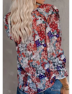 Outlet Women's Shirt Boho Shirt Blouse Fashion Floral Geometric Lace up Print Long Sleeve Regular Tops V Neck Casual Holiday Black White Pink Wine Red Spring & Fall Women Boho Tops