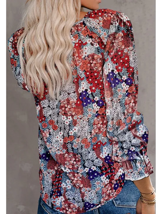 Outlet Women's Shirt Boho Shirt Blouse Fashion Floral Geometric Lace up Print Long Sleeve Regular Tops V Neck Casual Holiday Black White Pink Wine Red Spring & Fall Women Boho Tops