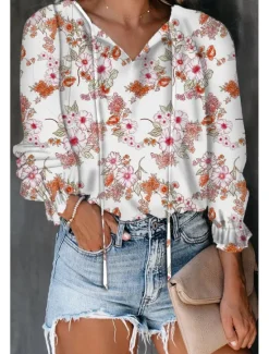 Outlet Women's Shirt Boho Shirt Blouse Fashion Floral Geometric Lace up Print Long Sleeve Regular Tops V Neck Casual Holiday Black White Pink Wine Red Spring & Fall Women Boho Tops