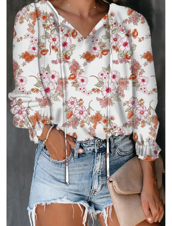Outlet Women's Shirt Boho Shirt Blouse Fashion Floral Geometric Lace up Print Long Sleeve Regular Tops V Neck Casual Holiday Black White Pink Wine Red Spring & Fall Women Boho Tops