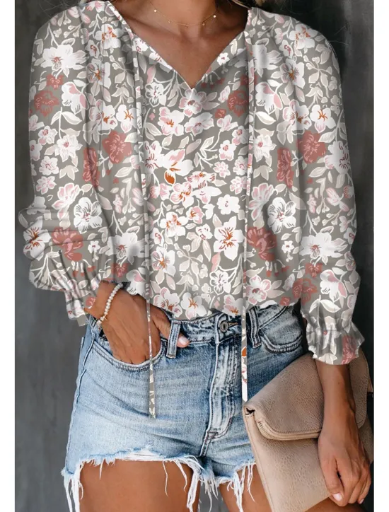Outlet Women's Shirt Boho Shirt Blouse Fashion Floral Geometric Lace up Print Long Sleeve Regular Tops V Neck Casual Holiday Black White Pink Wine Red Spring & Fall Women Boho Tops