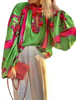 Women's Shirt Boho Shirt Blouse Peasant Blouse Boho Print Long Sleeve Regular Tops Casual Holiday Summer Spring Women Boho Tops