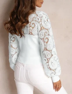 Women's Shirt Boho Shirt Blouse Solid Color Business Modern Casual Long Sleeve Crew Neck Regular Tops Work Formal Wear Lace Beige Summer Spring Women Lace Tops