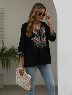 Sale Women's Shirt Boho Shirt Floral Flower Casual Boho 3/4 Length Sleeve Elbow Sleeve V Neck Regular Tops Carnival Vacation Party Embroidered Summer Spring & Summer Women Boho Tops