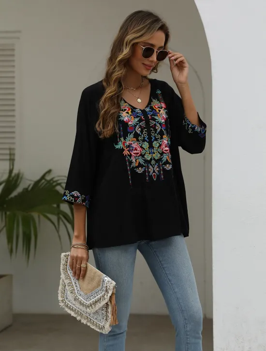 Sale Women's Shirt Boho Shirt Floral Flower Casual Boho 3/4 Length Sleeve Elbow Sleeve V Neck Regular Tops Carnival Vacation Party Embroidered Summer Spring & Summer Women Boho Tops