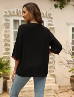 Hot Women's Shirt Boho Shirt Floral Flower Casual Boho Short Sleeve Elbow Sleeve V Neck Regular Tops Carnival Vacation Party Embroidered Summer Spring & Summer Women Spring Tops|Boho Tops