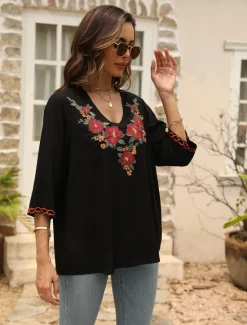 Hot Women's Shirt Boho Shirt Floral Flower Casual Boho Short Sleeve Elbow Sleeve V Neck Regular Tops Carnival Vacation Party Embroidered Summer Spring & Summer Women Spring Tops|Boho Tops