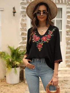 Hot Women's Shirt Boho Shirt Floral Flower Casual Boho Short Sleeve Elbow Sleeve V Neck Regular Tops Carnival Vacation Party Embroidered Summer Spring & Summer Women Spring Tops|Boho Tops