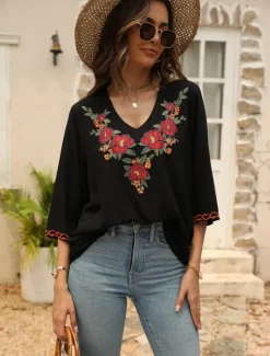 Hot Women's Shirt Boho Shirt Floral Flower Casual Boho Short Sleeve Elbow Sleeve V Neck Regular Tops Carnival Vacation Party Embroidered Summer Spring & Summer Women Spring Tops|Boho Tops