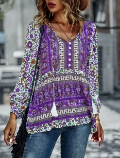 Best Women's Shirt Boho Shirt Lace Shirt Blouse Fashion Floral Lace up Print Long Sleeve Regular Tops V Neck Casual Holiday Red Navy Blue Blue Purple Green Spring & Fall Women Spring Tops|Boho Tops