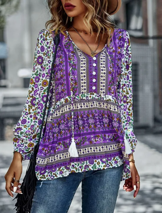 Best Women's Shirt Boho Shirt Lace Shirt Blouse Fashion Floral Lace up Print Long Sleeve Regular Tops V Neck Casual Holiday Red Navy Blue Blue Purple Green Spring & Fall Women Spring Tops|Boho Tops