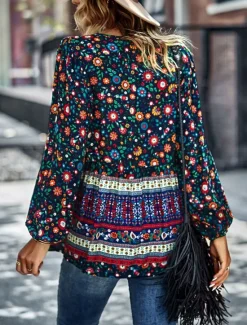 Best Women's Shirt Boho Shirt Lace Shirt Blouse Fashion Floral Lace up Print Long Sleeve Regular Tops V Neck Casual Holiday Red Navy Blue Blue Purple Green Spring & Fall Women Spring Tops|Boho Tops