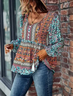 Best Women's Shirt Boho Shirt Lace Shirt Blouse Fashion Floral Lace up Print Long Sleeve Regular Tops V Neck Casual Holiday Red Navy Blue Blue Purple Green Spring & Fall Women Spring Tops|Boho Tops