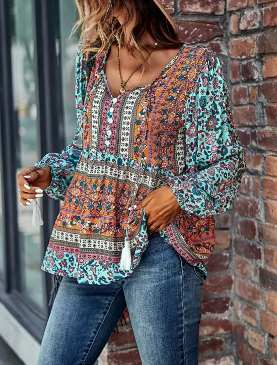 Best Women's Shirt Boho Shirt Lace Shirt Blouse Fashion Floral Lace up Print Long Sleeve Regular Tops V Neck Casual Holiday Red Navy Blue Blue Purple Green Spring & Fall Women Spring Tops|Boho Tops