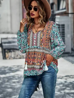 Best Women's Shirt Boho Shirt Lace Shirt Blouse Fashion Floral Lace up Print Long Sleeve Regular Tops V Neck Casual Holiday Red Navy Blue Blue Purple Green Spring & Fall Women Spring Tops|Boho Tops