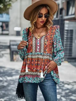 Best Women's Shirt Boho Shirt Lace Shirt Blouse Fashion Floral Lace up Print Long Sleeve Regular Tops V Neck Casual Holiday Red Navy Blue Blue Purple Green Spring & Fall Women Spring Tops|Boho Tops