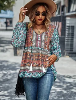 Best Women's Shirt Boho Shirt Lace Shirt Blouse Fashion Floral Lace up Print Long Sleeve Regular Tops V Neck Casual Holiday Red Navy Blue Blue Purple Green Spring & Fall Women Spring Tops|Boho Tops