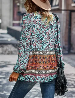 Best Women's Shirt Boho Shirt Lace Shirt Blouse Fashion Floral Lace up Print Long Sleeve Regular Tops V Neck Casual Holiday Red Navy Blue Blue Purple Green Spring & Fall Women Spring Tops|Boho Tops
