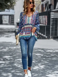 Best Women's Shirt Boho Shirt Lace Shirt Blouse Fashion Floral Lace up Print Long Sleeve Regular Tops V Neck Casual Holiday Red Navy Blue Blue Purple Green Spring & Fall Women Spring Tops|Boho Tops